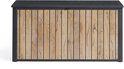 Gesloten houten opbergbox met zwart frame en deksel.
