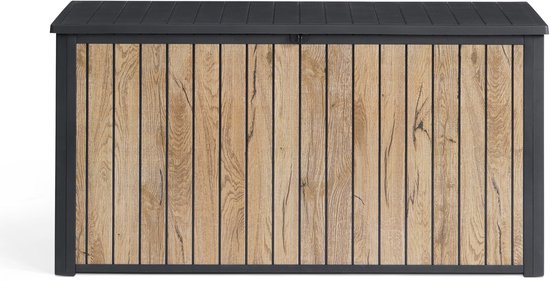 Gesloten houten opbergbox met zwart frame en deksel.