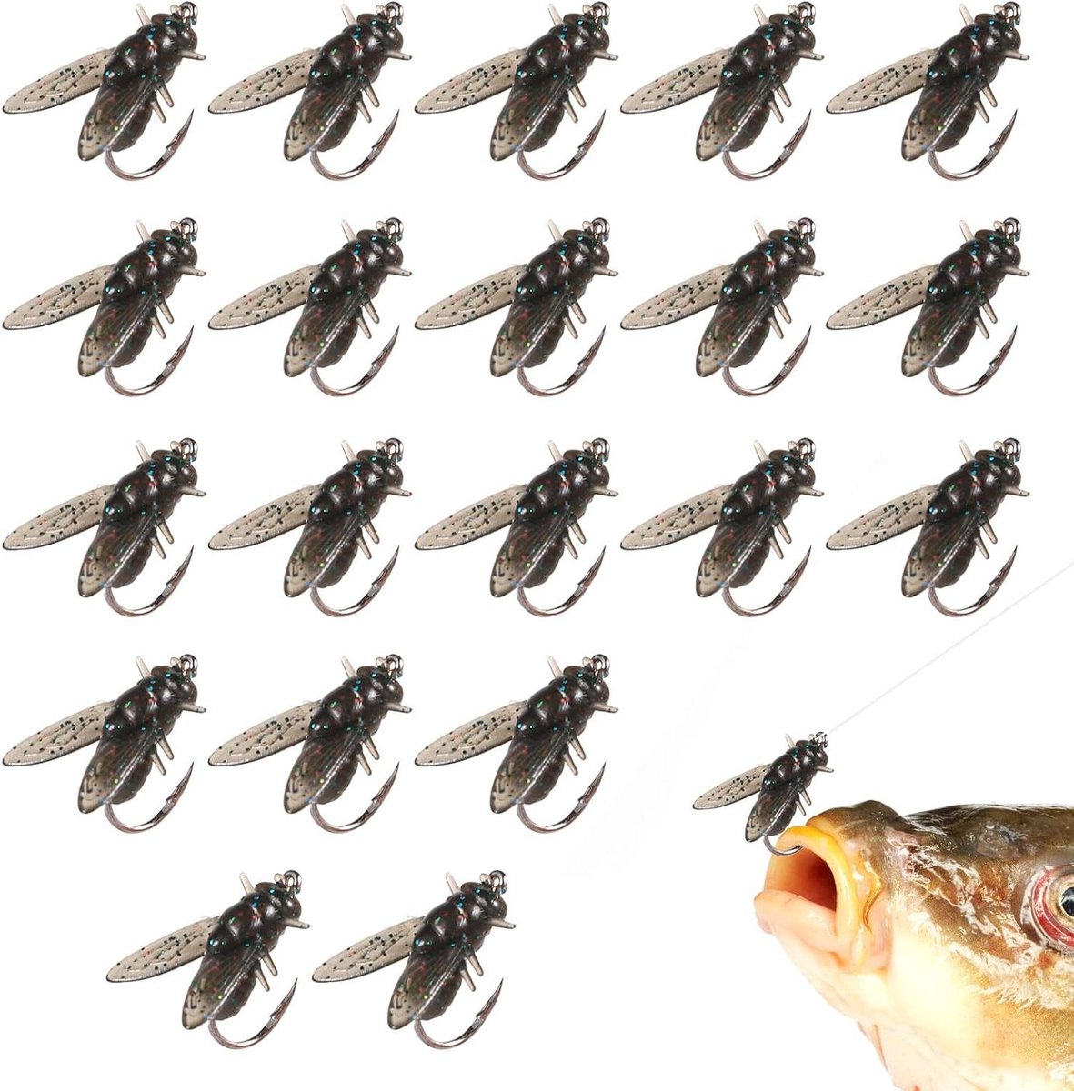 Allecto Plus - Vliegvis aas met haken - Zachte flexibele lokazen voor bas forel snoek zout zoet water vissen - 20 stuks.