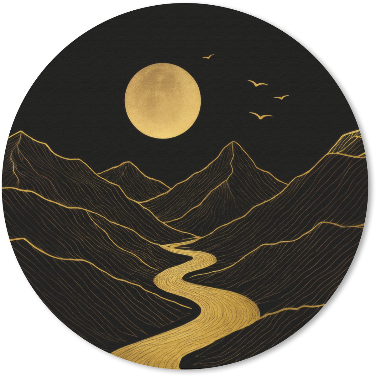Muismat rond 40x40 cm - Mousepad Rivier - Goud - Maan - Vogels - Ronde muismatten