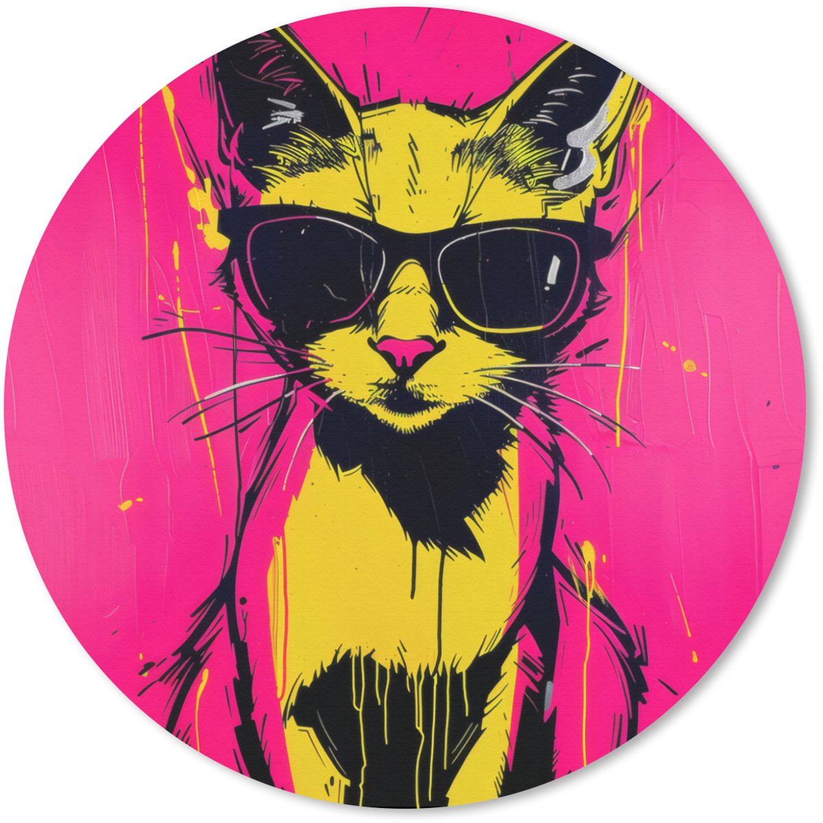 Muismat rond 40x40 cm - Mousepad Kat - Art - Zonnebril - Roze - Ronde muismatten