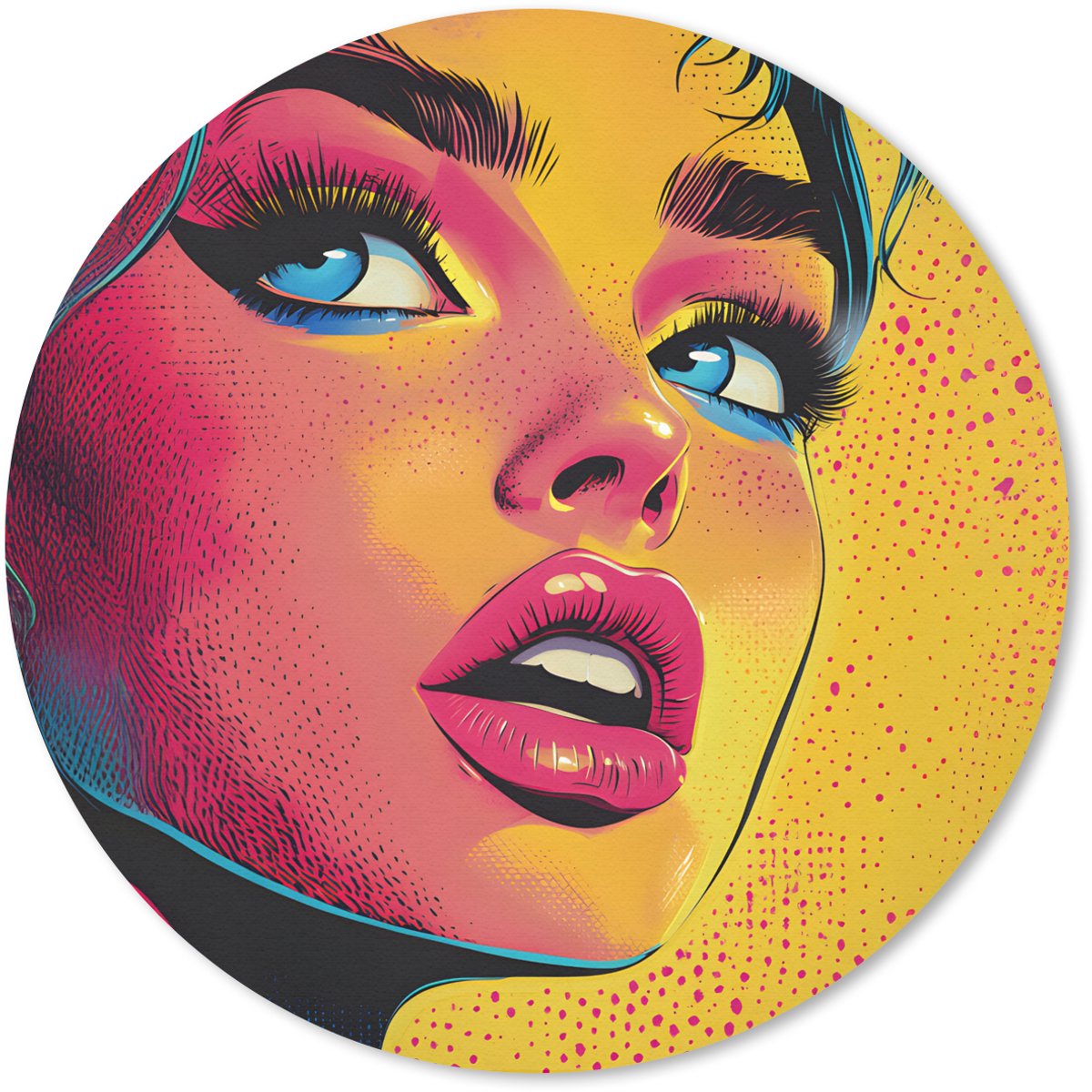Muismat rond 50x50 cm - Mousepad Close-up - Vrouwengezicht - Stippen - Geel - Ronde muismatten