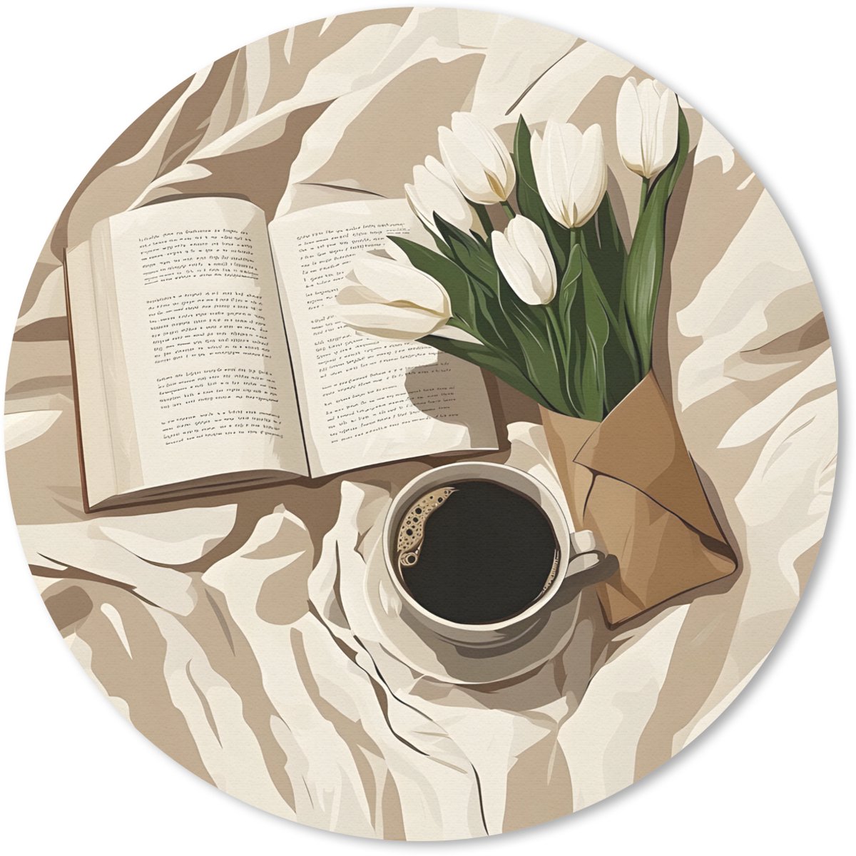 Muismat rond 30x30 cm - Mousepad Boek - Illustratie - Tulpen - Koffie - Ronde muismatten