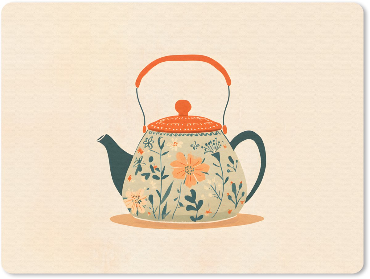 Muismat 23x19 cm - Mousepad Oranje - Theepot - Bloemen - Bladeren - Muismatten