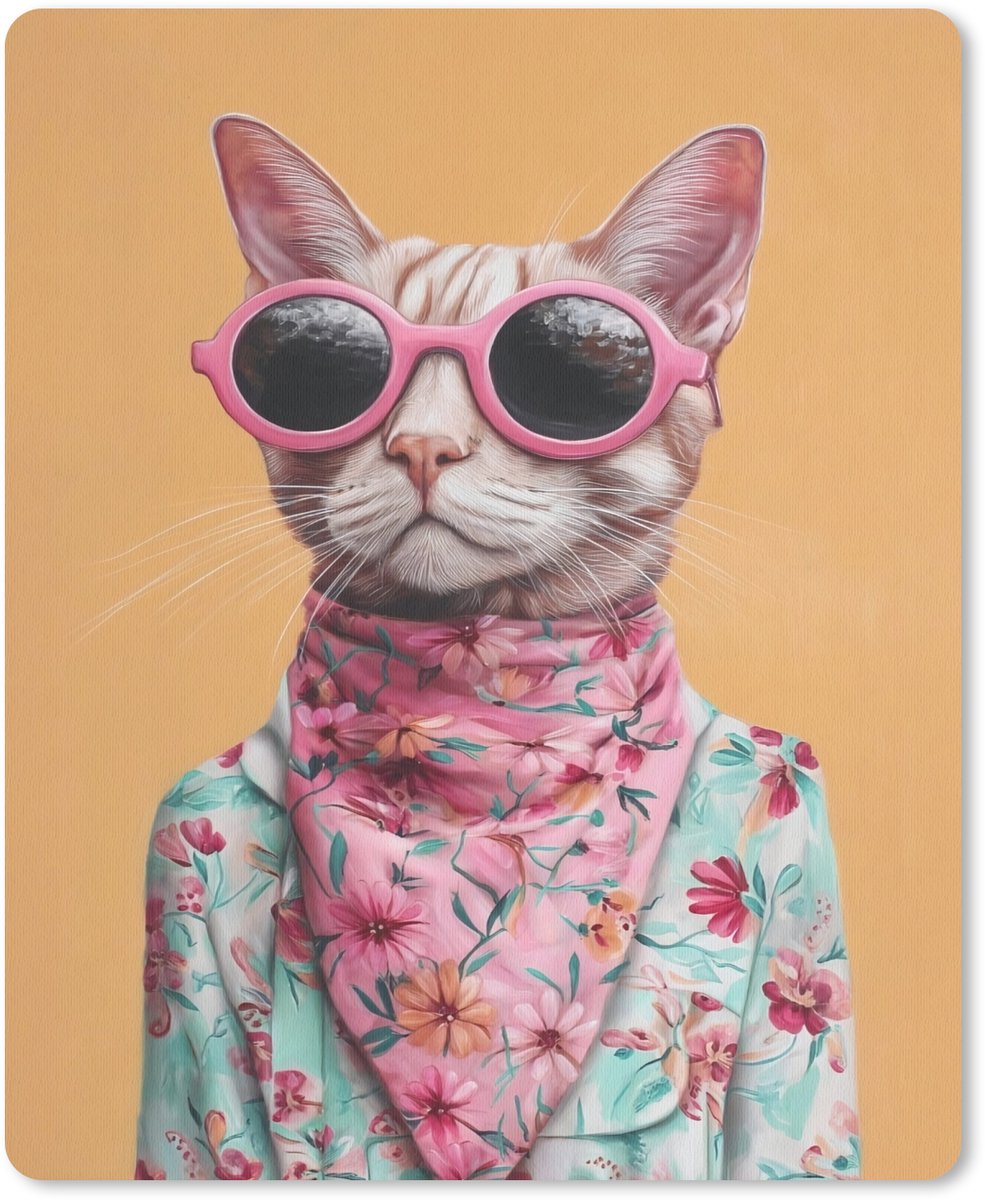 Muismat 19x23 cm - Mousepad Zonnebril - Kat - Sjaal - Bloemen - Muismatten