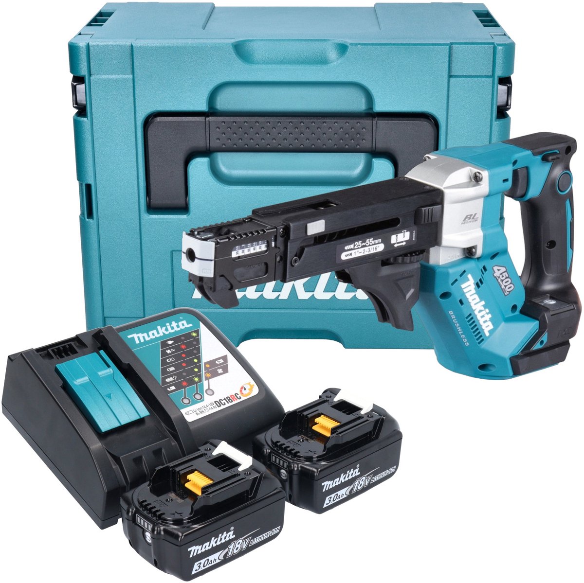 Makita DFR 552 RFJ accu-magazijnschroevendraaier 18 V 25 - 55 mm borstelloos + 2x accu 3.0 Ah + lader + Makpac