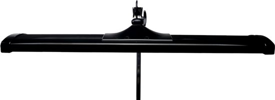 Zwarte bureaulamp met platte kap en verstelbare arm.