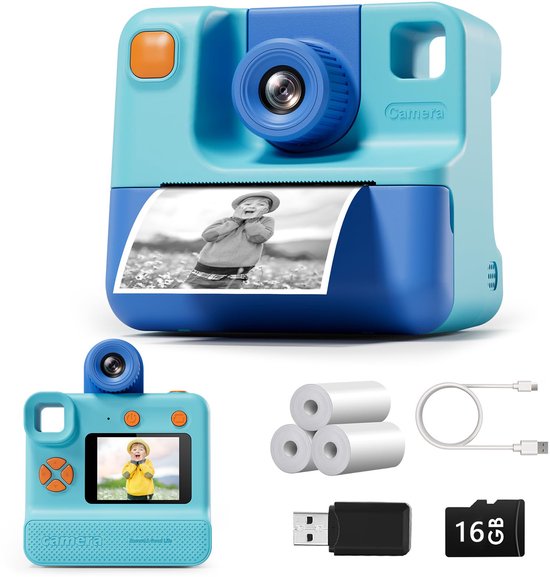 Appareil photo numérique Enfants Gloovon - 12 Mpx - 1080p avec Printer - Impression instantanée - Photo et vidéo - Jeux - Avec 3 rouleaux de papier d'impression sans encre et carte Micro SD 16 Go - Blauw