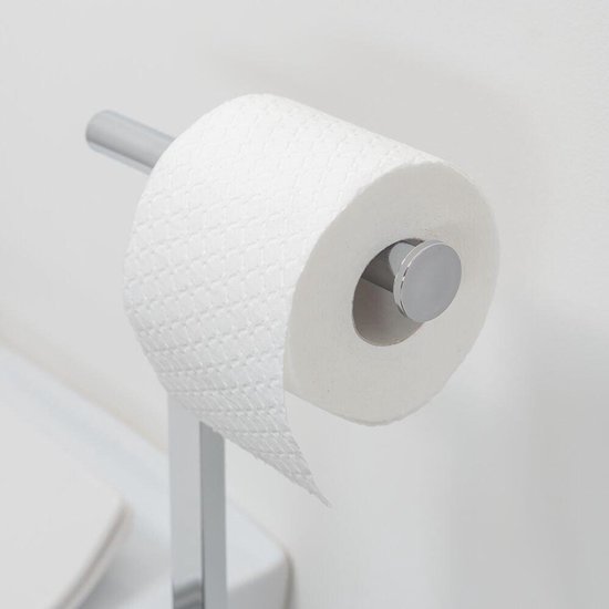 Chroomkleurige toiletrolhouder met een witte toiletrol.