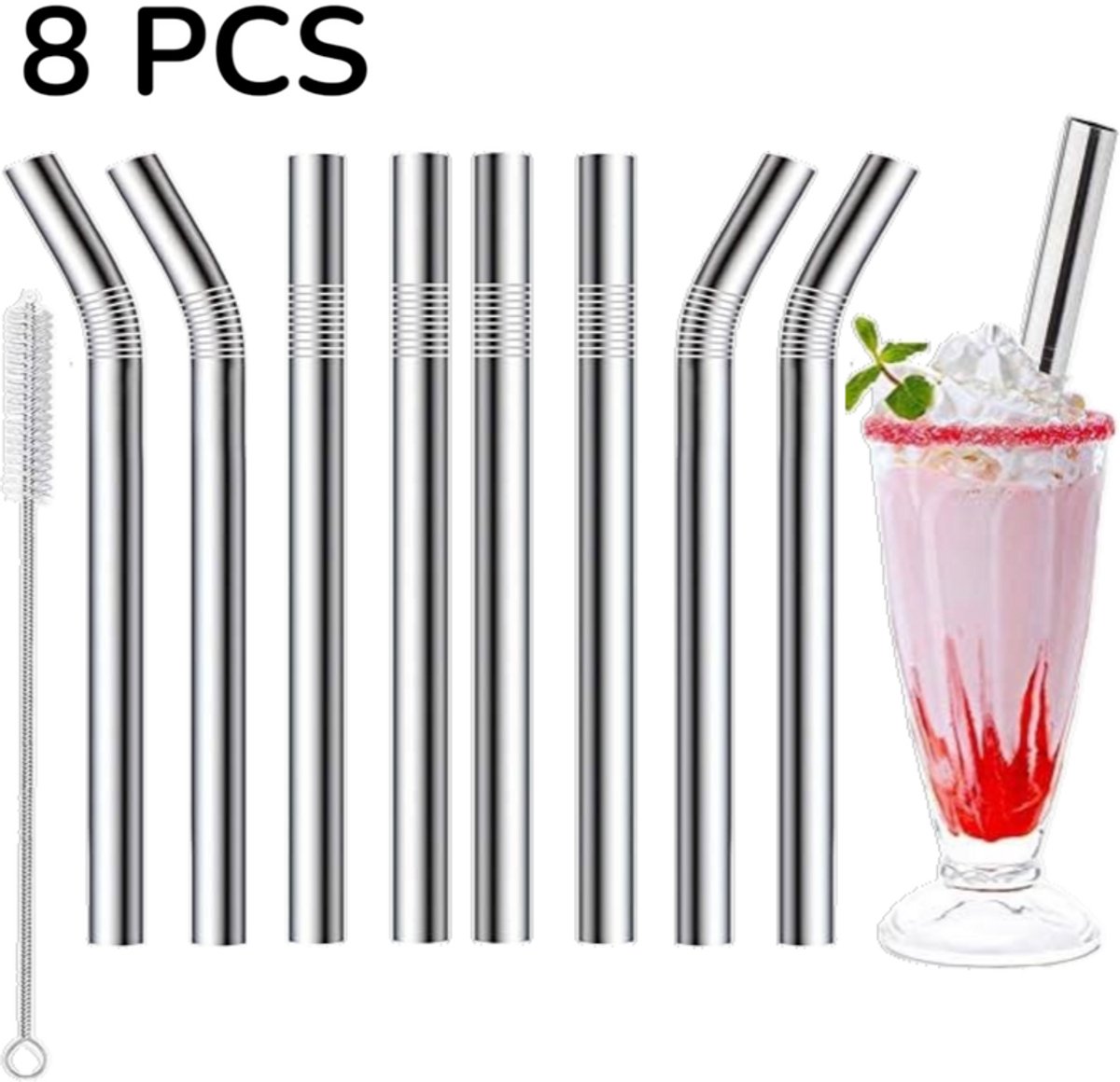 8 stuks - Herbruikbare roestvrijstalen rietjes voor bubbelthee, smoothies en sap - 215 x 8 mm - Inclusief schoonmaakborstel - 4 rechte + 4 gebogen rietjes - Duurzame RVS drinkrietjes voor dagelijks gebruik
