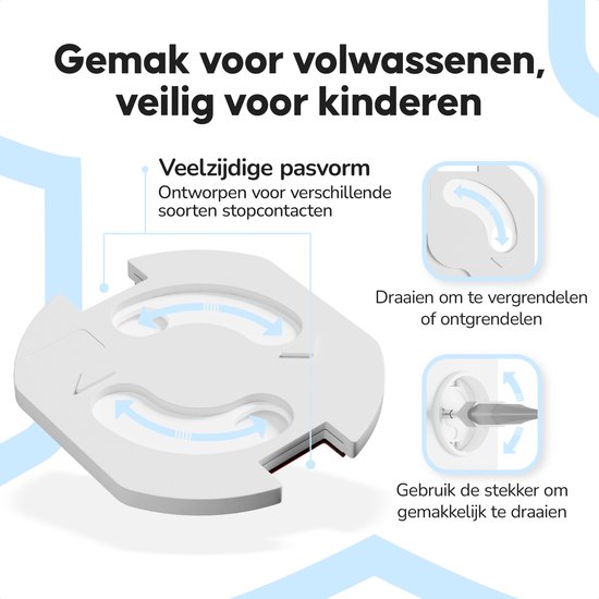 Wit stopcontactbeveiligingsproduct dat ronddraait om te vergrendelen, met pijlen die de beweging aangeven.