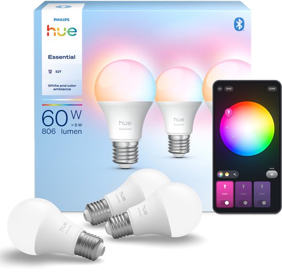 Philips Hue Essential Slimme A60 lamp, Wit en gekleurd licht, 3-pack
