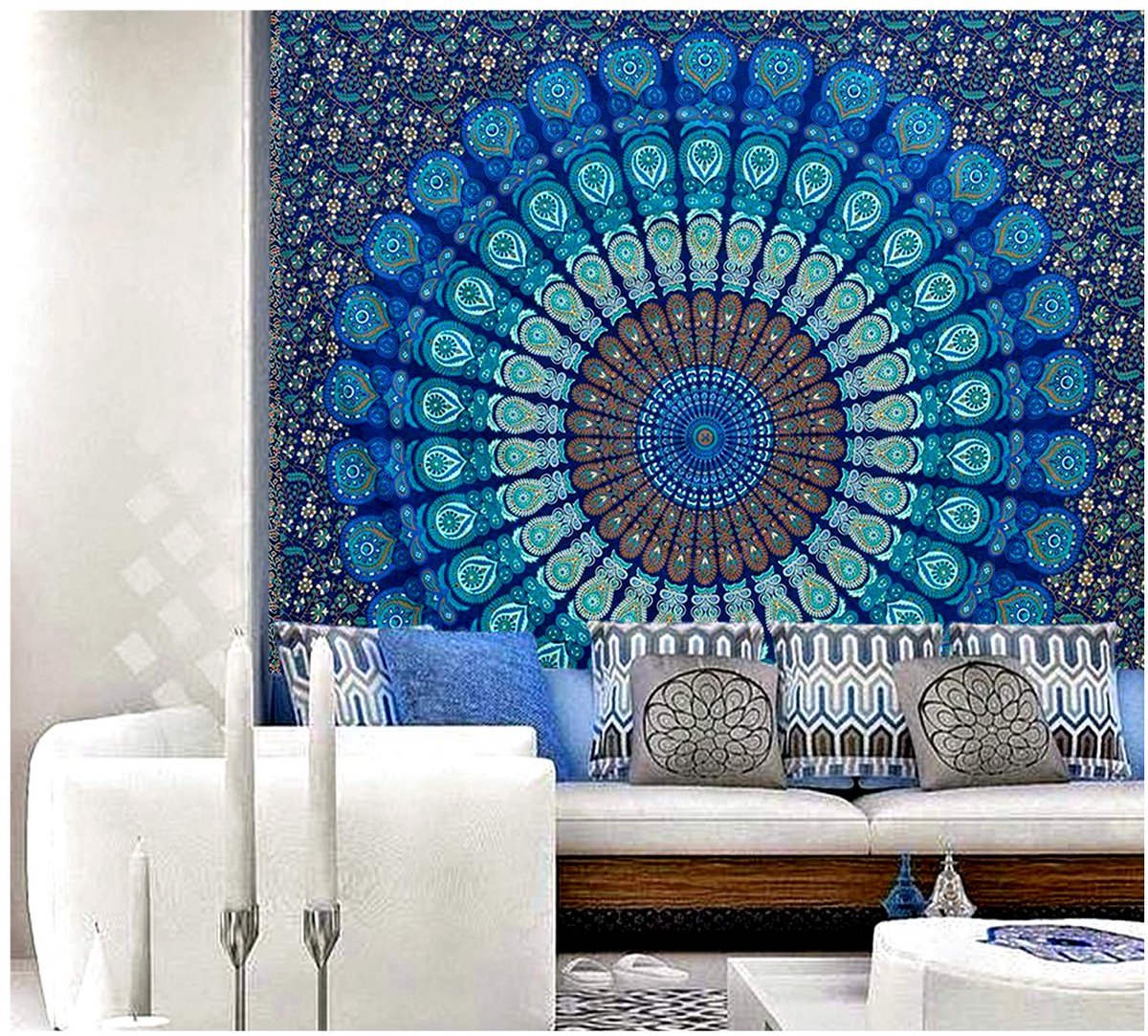 Unyqoos Katoenen Wandkleed Blauw Mandala Design voor Slaapkamer en Woonkamer Decoratie