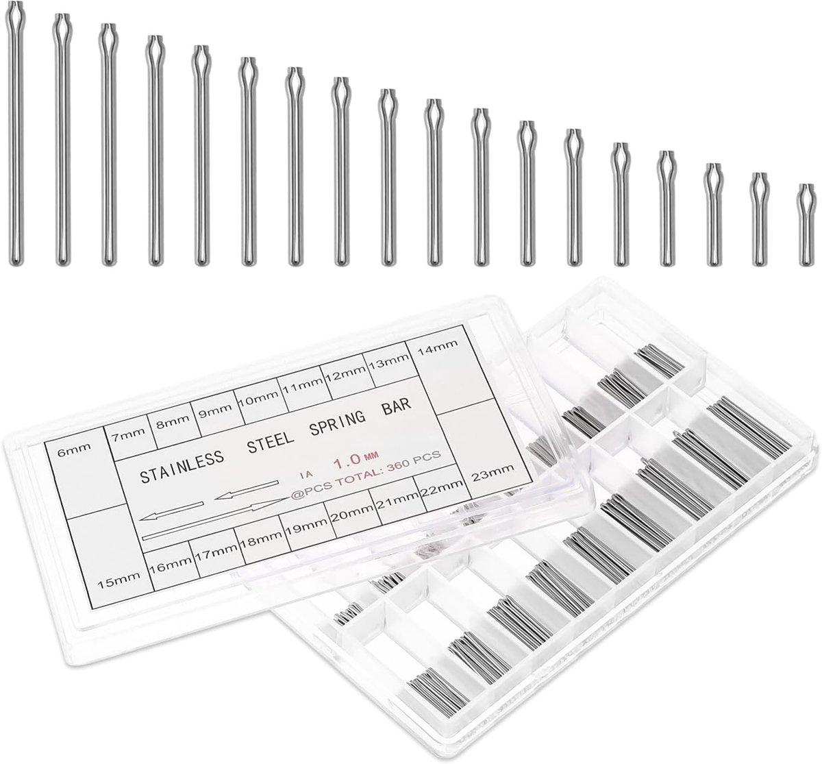 JIYIN 360 stuks 6-23 mm horlogeband splitpennen, armbandpennen, horlogepennen, horlogeschakel splitpennen, horloge reparatie accessoires, verwijderen van horlogeschakels (diameter 1 mm)