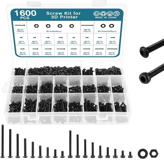 HSEAMALL 3D Printer Screw Set, 1600 Pieces, M3 Carbon Steel Hex Screws Class 12.9 with Nuts and Washers