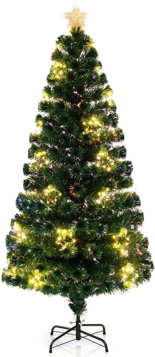 COSTWAY Kunstkerstboom met verlichting, 180 cm dennenboom van glasvezel met 36 warmwitte ledlampen en 230 takpunten, verlicht met sterpunt, voor thuis en op kantoor