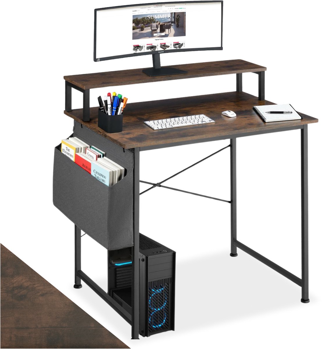 Tectake Bureau met opbergtas en monitorstandaard - Computerbureau - Houten bureaublad - Industrieel design - Zwart metalen frame - Afmetingen (LxBxH) 80 x 55x 90 cm - Donkerbruin