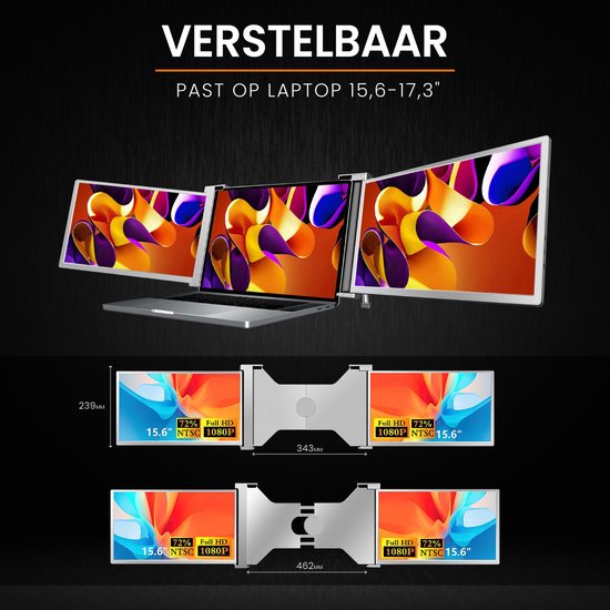 Drie 15,6" Full HD schermen naast een zilveren laptop. Afmetingen: 239mm hoog, 343mm breed voor de bovenste, 462mm breed voor de onderste.