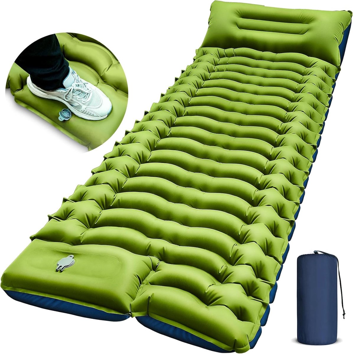 Kampeerslaapmat, ultralichte kampeermat met kussen, ingebouwde voetpomp, opblaasbaar slaapmatje, compact, geschikt voor kamperen, backpacken, trekkerstenten