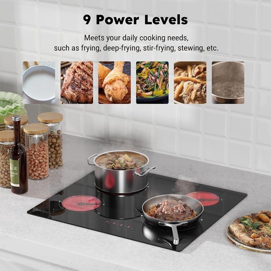 Plaque de cuisson vitrocéramique 60 cm – Plaque de cuisson électrique encastrable 4 feux – 6 000 W – 9 niveaux de puissance – Commande tactile – Plaque de cuisson vitrocéramique