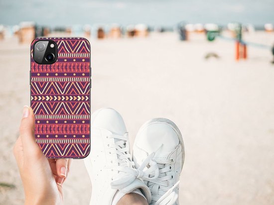 Joli étui arrière en TPU pour iPhone 14 Plus avec bord noir violet aztèque
