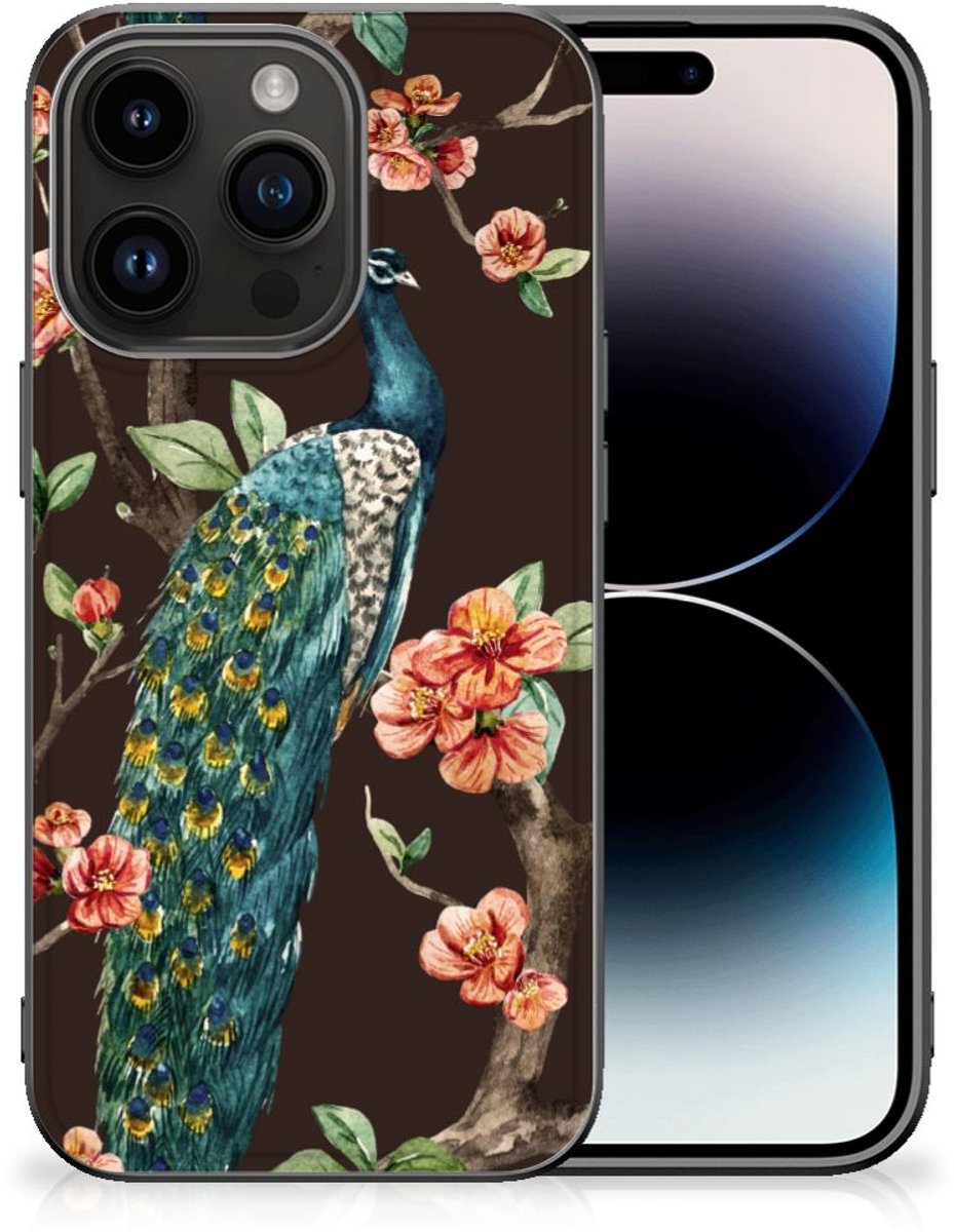 Back Cover voor iPhone 15 Pro Dierenprint Telefoonhoesje Pauw met Bloemen