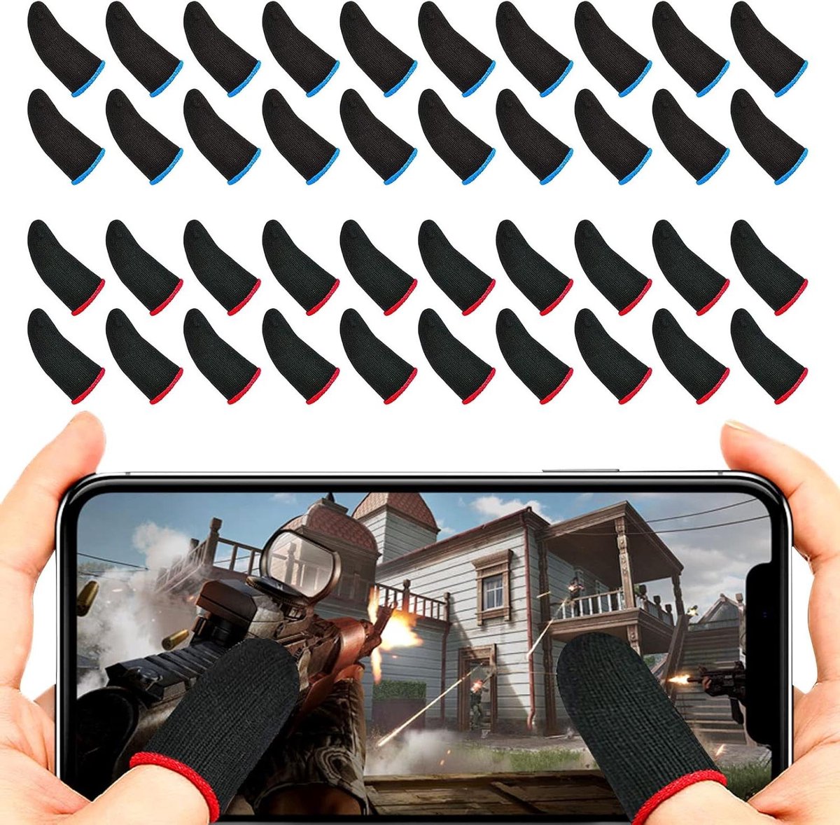 Allecto Plus - Mobiele Game Vingermouwen (40 stuks) - Anti-Zweet Duimmouwen - Ademende Touchscreen Handschoenen - Gamingcontroller - Blauw Rood - Mannen Vrouwen
