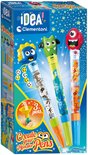 Doos met 3 monsterpennen. De pennen zijn gevuld met glitter, hebben monsterhoofdjes en zijn oranje, groen en blauw.
