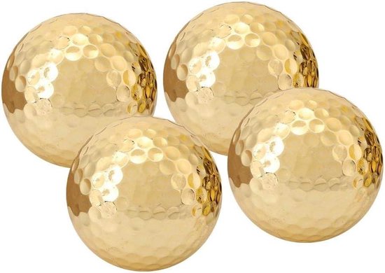 Vier glimmende gouden golfballen met dimplepatroon.