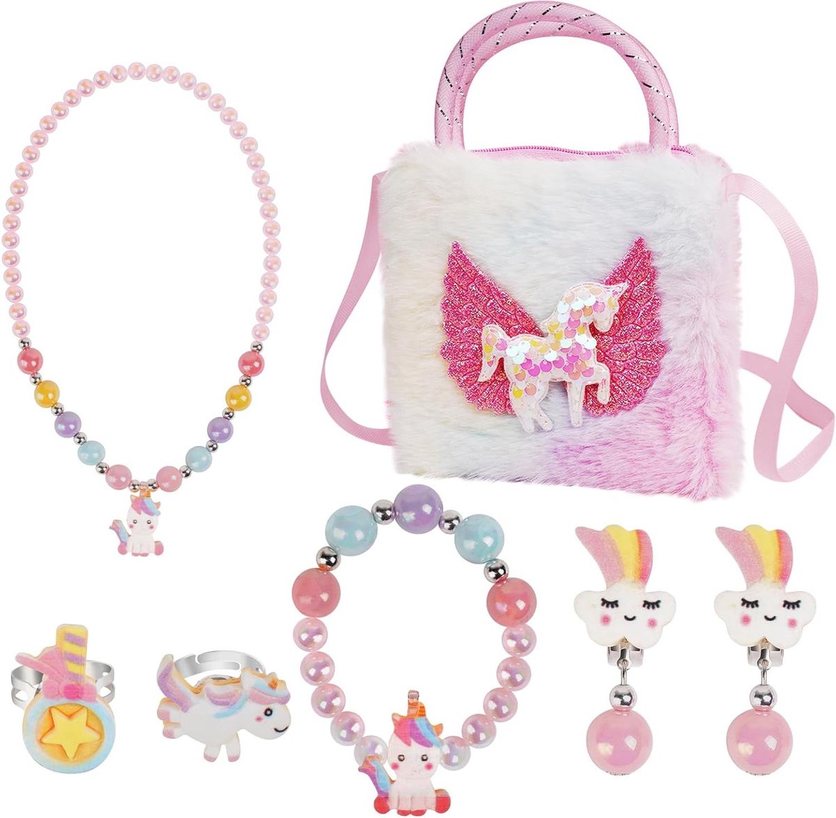 Allecto Plus - Eenhoorn tas en sieraden set voor prinses rollenspel met crossbody tas, portemonnee en armband, ketting, ringen en oorbellen - pony eenhoorn thema