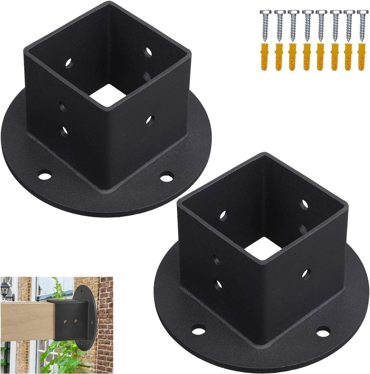 Allecto Plus - Set van 2 - Zwarte Wandmontage Paalbeugels voor Ondersteuning van Pergola - Stabiele Montage - Geschikt voor Deck Railing - Postbox Bevestiging