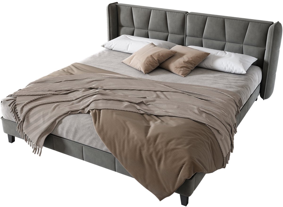 Merax Gestoffeerd Bed 180x200 cm met Lattenbodem en Hoofdbord - Fluweel in Grijs - Bed voor Volwassenen & Jongeren met Houten Lattenbodem