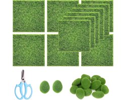 Allecto Plus - Pack van 28 Kunstgras Matjes Groen 12 Stuks 15 x 15 cm Kunstgras Matjes en 15 Stuks Kunstmatige Schuim Decoratieve Stenen voor DIY Micro Landschap Productie - Tuindecoratie Landscaping Gras Nep Gras Mats Foam Rocks