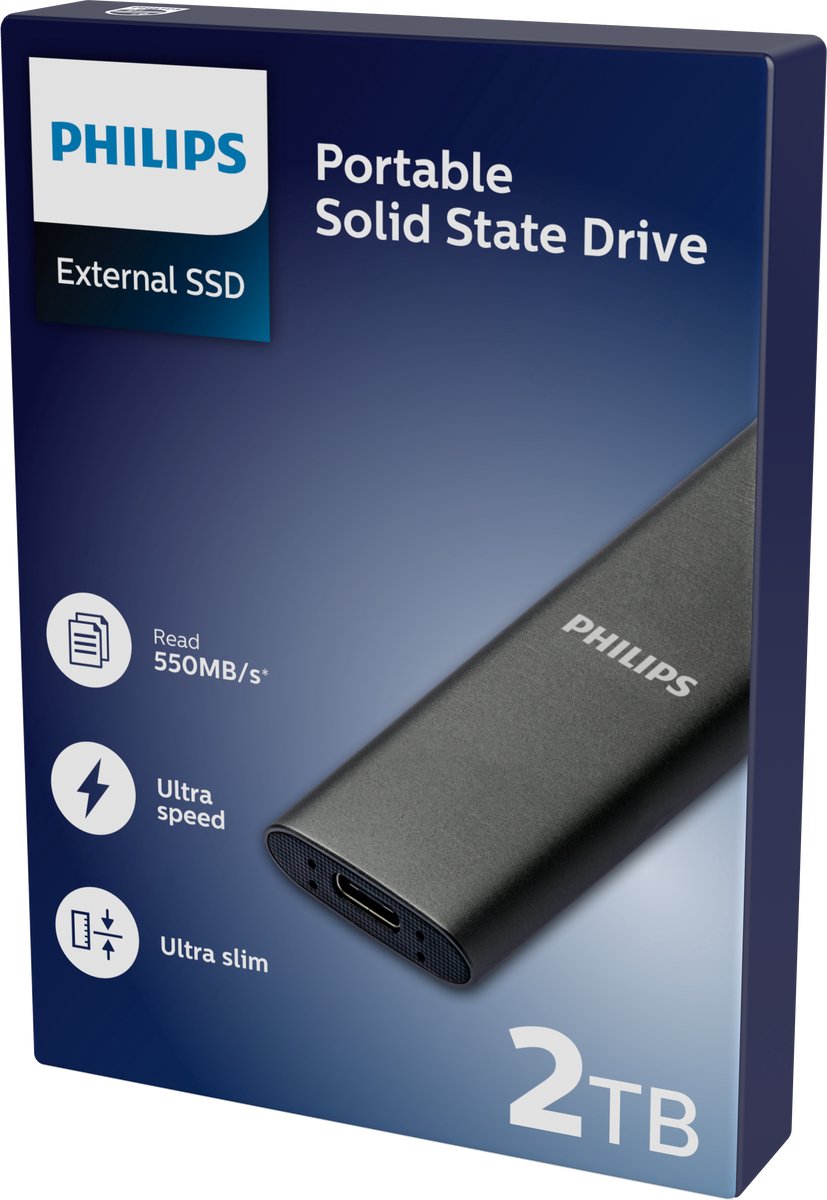 Philips Portable Externe SSD 2 TB - Ultra Speed USB-C - USB A 3.2 - Read 550MB/s - Write 520MB/s - Windows/ macOS/ Game console