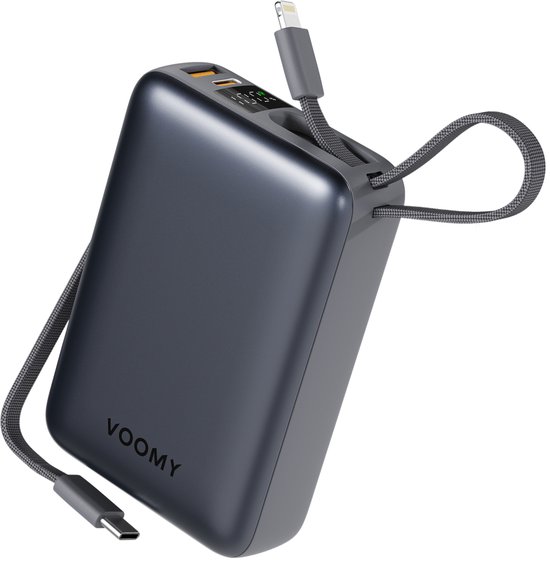 Voomy Powerbank 20000 mAh - Ingebouwde USB-C en Lightning Kabel - Powerbanks 22.5W Snellader - USB-C & USB-A Uitgang - Powerbank iPhone geschikt - Noodpakket - Led Indicatie
