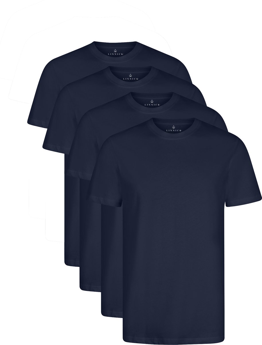 LINNICK Long Fit T-Shirt 4 Pack - Ronde Hals - Korte Mouw - T Shirt Heren - 100% Katoen - Longfit T Shirt Heren - Dark Blue - Maat M - Set van 4