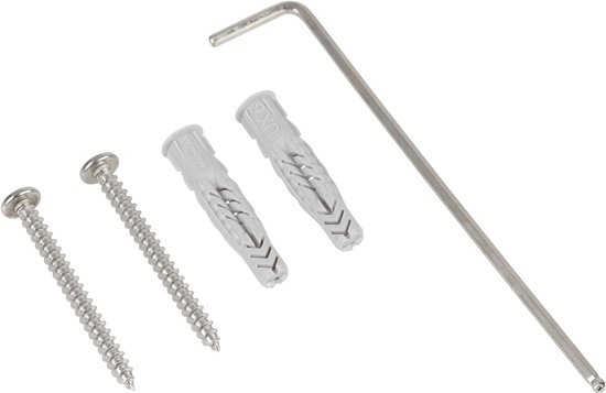 Bevestigingsmateriaal voor badkameraccessoires: schroeven, pluggen en inbussleutel.
