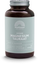 Bruine glazen pot met zilverkleurige dop. Het lichtgroene etiket vermeldt 'Mattisson Healthstyle', 'Vegan Magnesium Taurat', 'Taurate de Magnésium', '60 mg elementair magnesium', 'Met actieve vorm van vitamine B6', '120 Capsules'.