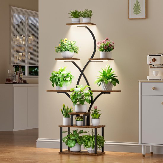 Ibenzoa® Decoratieve Plantenstandaard met Groeilicht, 8 Niveaus voor Binnen en Buiten, 158 cm Hoog