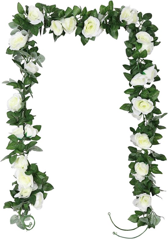 Weldomcor 5 stuks witte kunstbloemenslinger, 2,45 m, bloemenkrans, rozen, wijnstokken, zijden bloemen, voor buiten, hangende kunstbloemen, decoratie voor bruiloftsboog, slaapkamer, muur, achtergrond