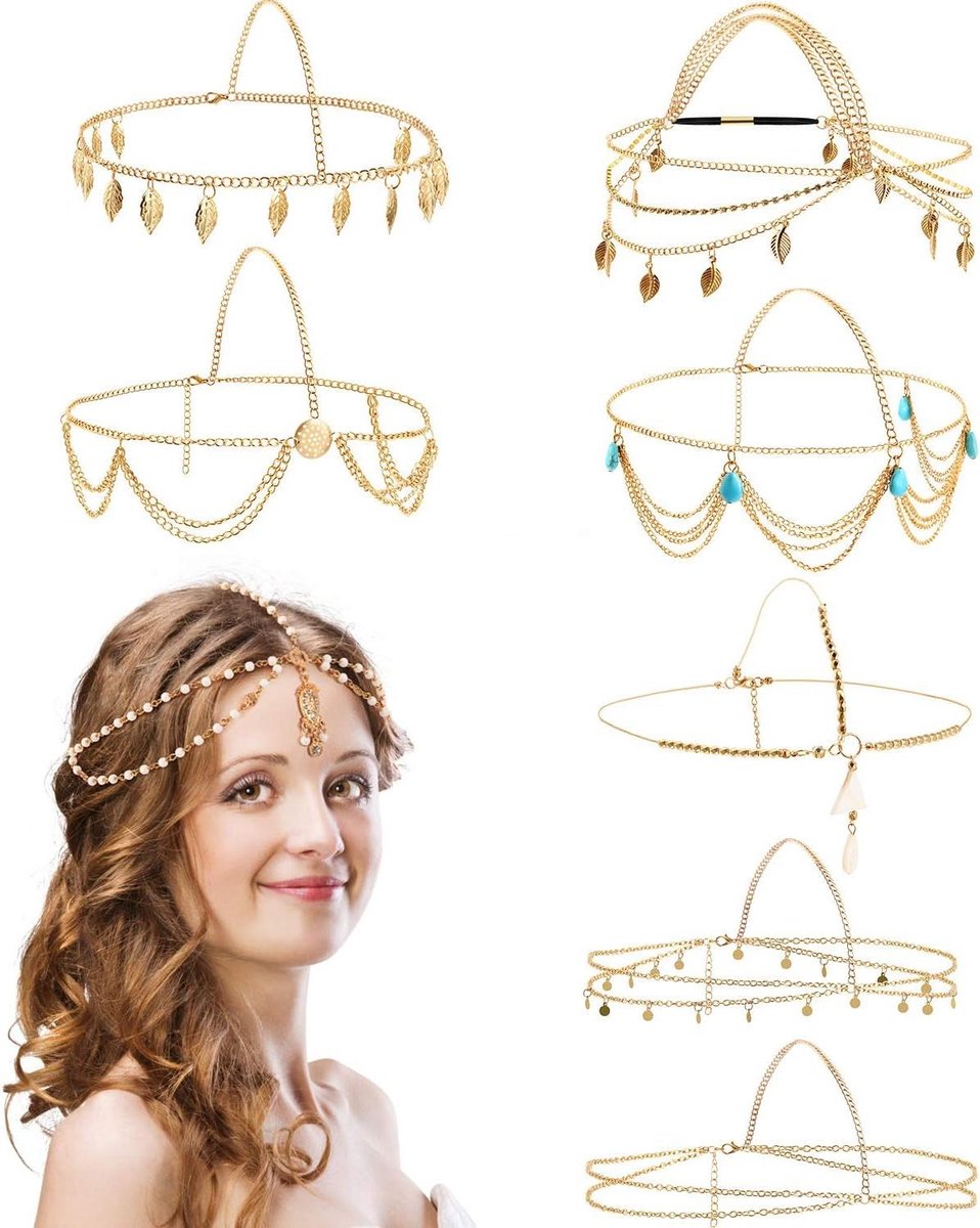Allecto Premium - Gouden boho hoofdketting met parels en kwastjes voor vrouwen - 8 stuks
