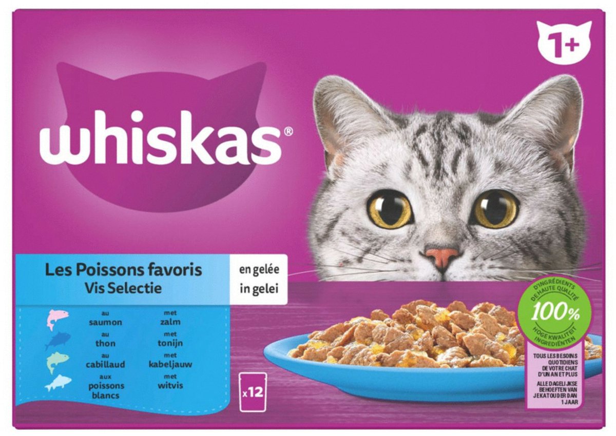 Whiskas Whiskas 1+ Vis Selectie in Gelei Maaltijdzakjes Multipack - 24 x 85 gr