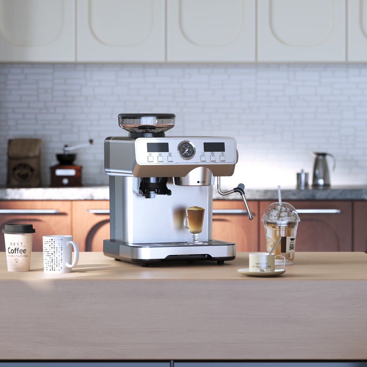 Bresco® Barista Espressomachine – Pistonmachine met Koffiemolen – RVS Koffiemachine melkopschuimer – Bonenmaler – Brushed Stainless Steel — afbeelding 4