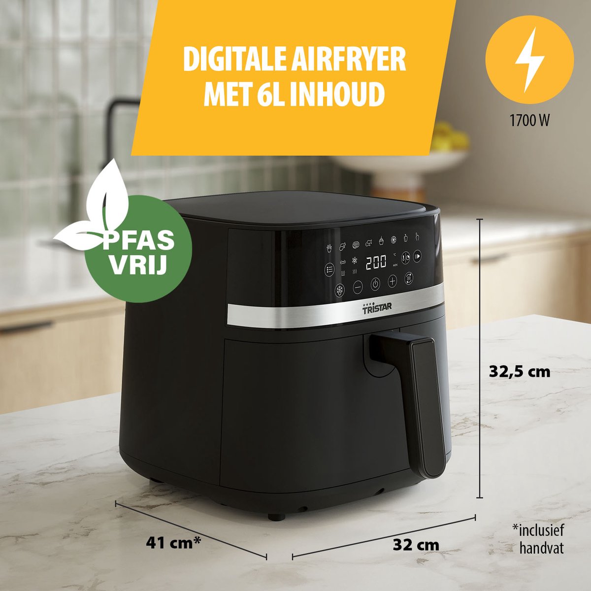 Afbeelding 2 van Tristar Airfryer FR-9416 - 6L - Grote Capaciteit XL - PFAS Vrij - 8 programma's - Warmhoudfunctie - 1700 Watt