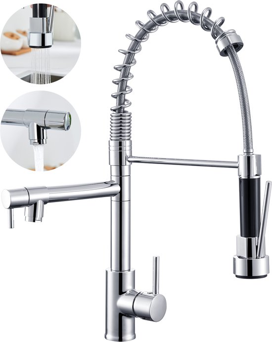 Robinet de cuisine Auralum max avec bec extractible - Robinet de cuisine en acier inoxydable - Douchette à main - Mitigeur - Rotatif à 360° - Bec haut - Chrome