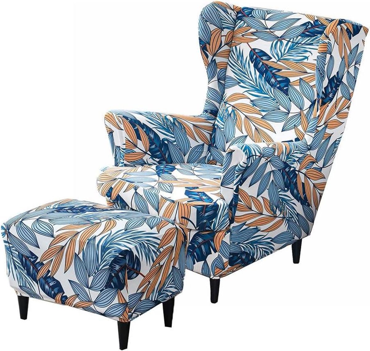 Allecto Premium - Stoelhoezen 2-delig met Ottomaanse hoes - Meubelbeschermer voor vleugelstoel - Blauwe rekbare hoes voor fauteuil stoelen - Slaapkamer en hotel - Wasbare hoes van spandex stof.