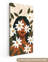 Canvas schilderij 20x40 cm - Exclusieve wanddecoratie Illustratie - Vrouw - Madeliefjes - Wit - Muurdecoratie woonkamer - Slaapkamer decoratie - Kamer accessoires - Schilderijen op canvas