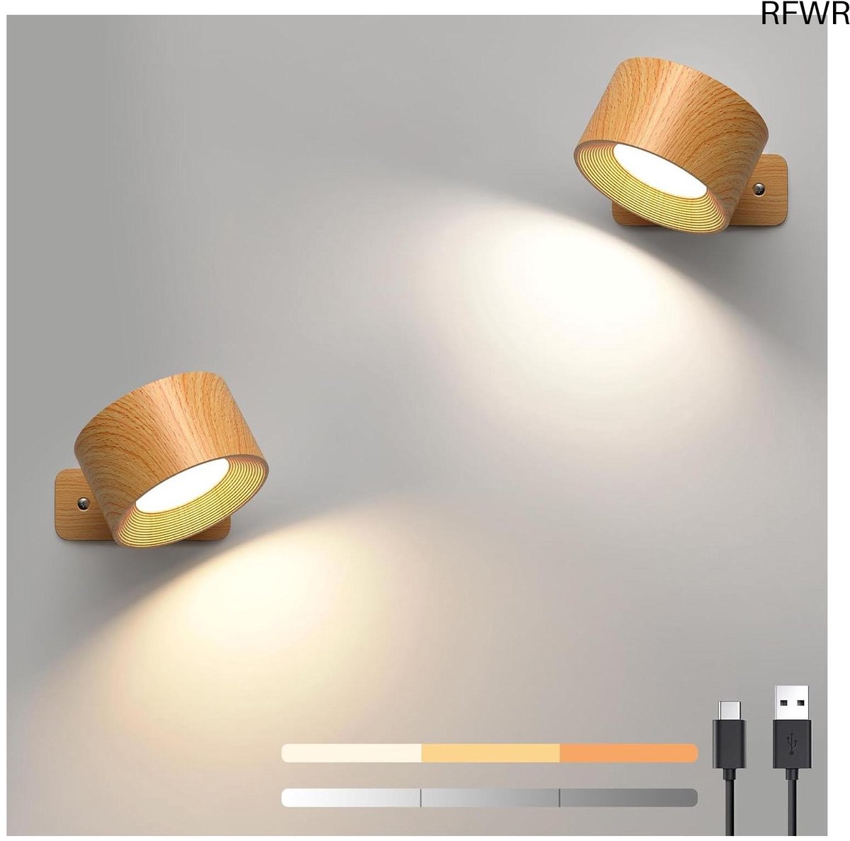 RFWR® Draaibare Led-wandlampen voor Binnen, 2 Stuks, Accu en USB-oplaadbaar, Magnetische Ganglamp met Touch Control