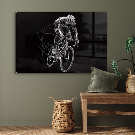 MuchoWow® Glasschilderij 120x80 cm - Schilderij acrylglas - Lijntekening - Wit - Wielrennen - Snelheid - Foto op glas - Muurdecoratie woonkamer - Wanddecoratie slaapkamer - Schilderijen