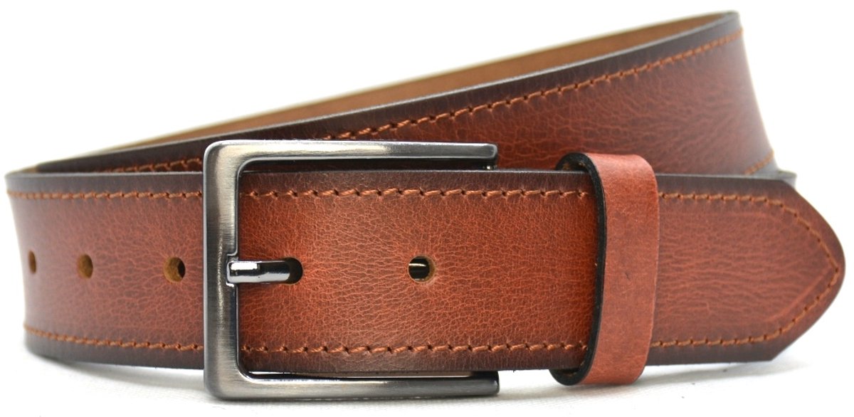 Timbelt Heren Riem doorgestikt - volnerf Leer Cognac - 4 cm Breed - Broekriem - Nette Riem - Pantalon Riem - jeans riem - Maat: 115 / Totale lengte riem 130 cm - Echt Leer
